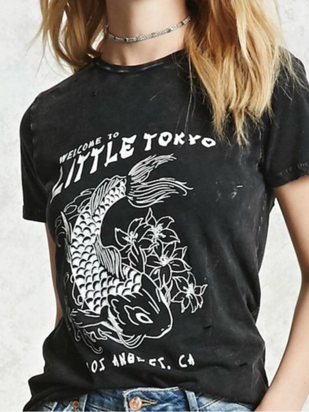 Forever21 Black Washed Distressed Black T-shirt Size Small Ripped Graphic Tee
